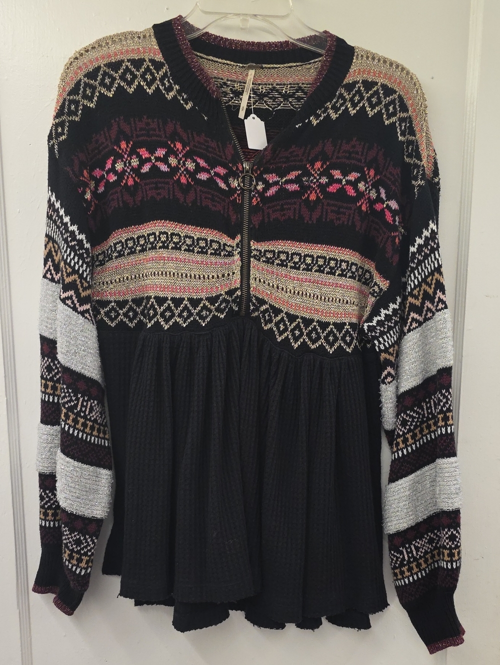 Free People Cabin Fever Fair Isle Zip Sweater Black Metallic Boho S